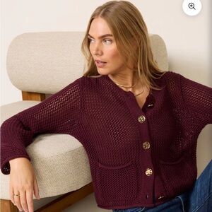 Evereve Burgundy Emery Open Stitch Cardigan with Gold Buttons | XS
